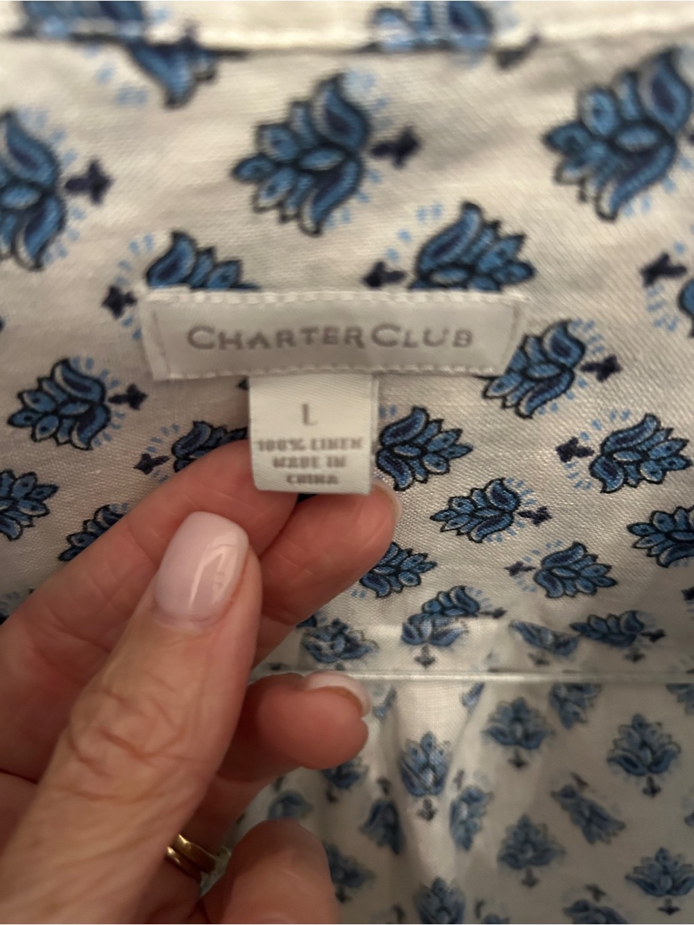 Charter Club Linen White Button-Down Shirt with Blue Floral Print - Picture 3 of 7